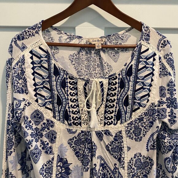Lucky Brand Tunic Small Blue Festival Western Boho Prairie Embroidered Lace - Picture 1 of 12